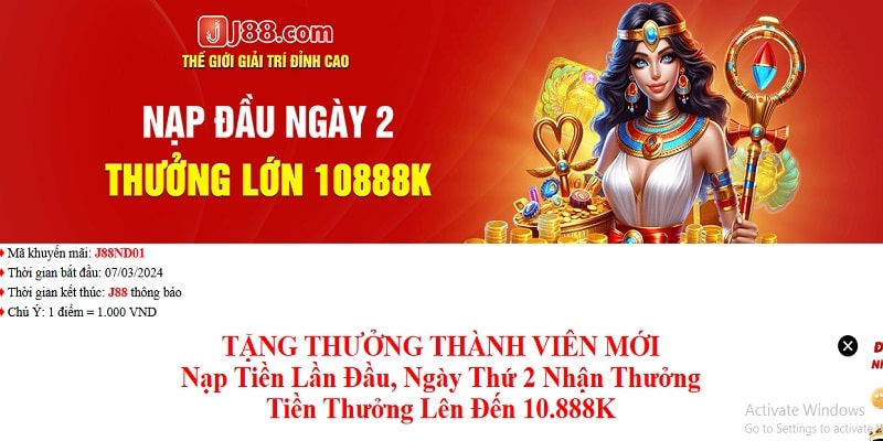 Tặng thưởng nạp đầu ngày 2 của J88