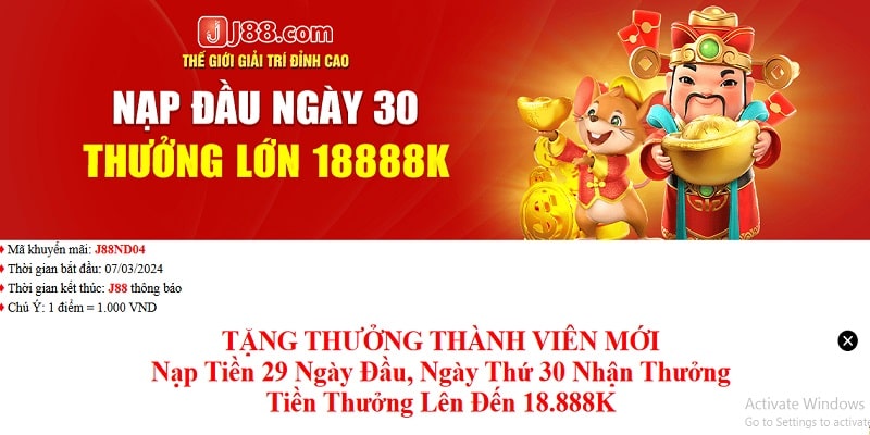 Khuyến mãi nạp đầu ngày thứ 30 J88